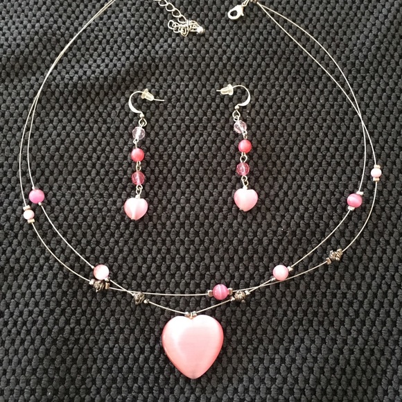 Floating Pink Heart Necklace and Earrings - Picture 2 of 3